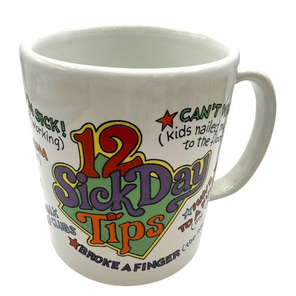 Novelty Ceramic Multicolor Mug 12 Sick Day Tips Coffee Tea Cup 10 oz Capacity